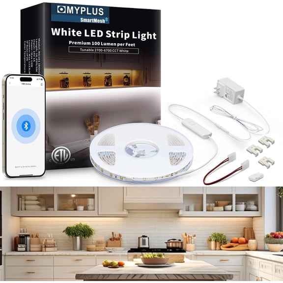 JJEAN-Under Cabinet LED Lights, 16.4ft LED Strip Lights, Tunable Color Temps and Bright 1123 Lumens,Dimmable, 14W, 24V Bluetooth APP Control Rope Lights for Bedroom,Vanity,Cabinet,Kitchen