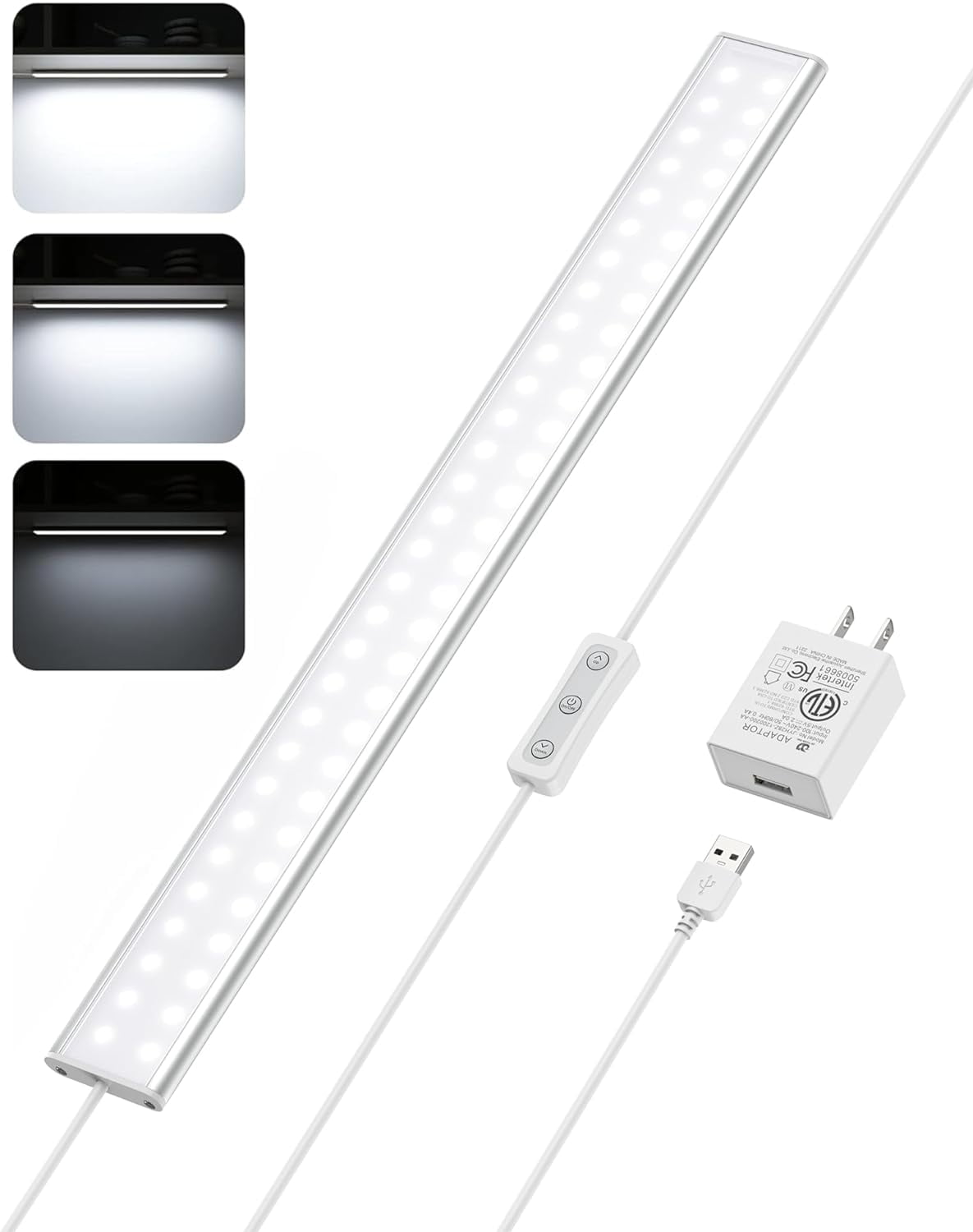 JJEAN-Under Cabinet Light, Upgrade 16inch LED Closet Light with Dimmable 6000K Cool White and Memory Function, Plug-in Under Counter Lights for Kitchen/Desk/Shelf/Workbench/Display Case/Room