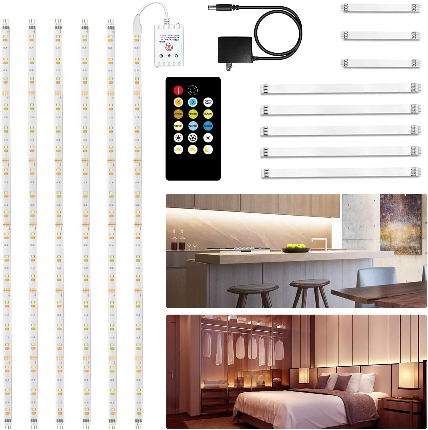 JJEAN-Under Cabinet Lighting Kit, 6 PCS 20 Inch Under Cabinet Lights, 2700K-6500K Tunable White LED Strip Lights with Remote, 12V Adapter, LED Lights for Kitchen Cabinets, Shelf, Counter, 9.8ft