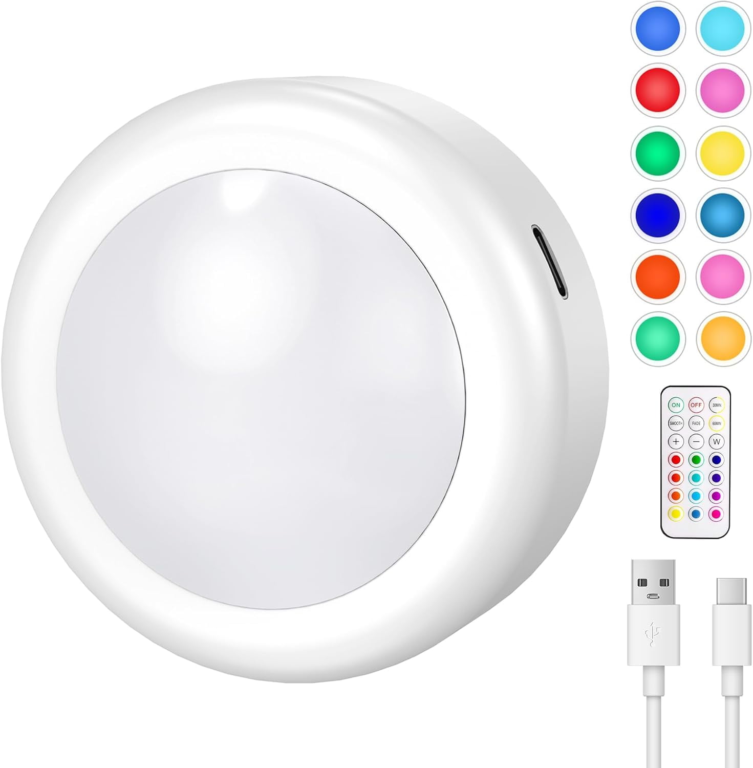 JJEAN-Under Cabinet Lighting, Rechargeable Puck Lights with Remote Control, 13 Colors RGB LED Rechargeable Night Light, 1000mAh Battery Operated Wireless Push Light, Magnetic Stick-on Design (1pcs)