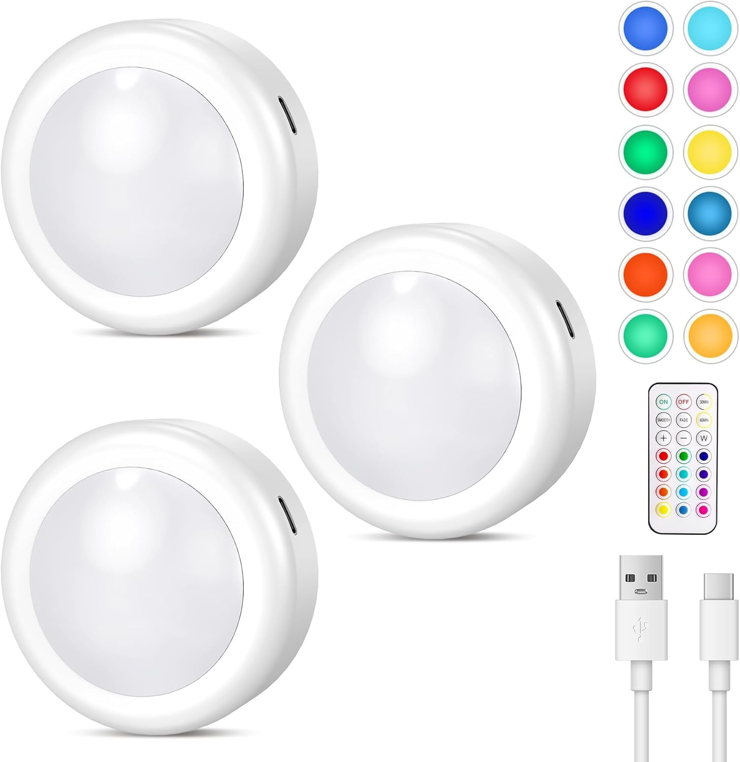 JJEAN-Under Cabinet Lighting, Rechargeable Puck Lights with Remote Control, 13 Colors RGB LED Rechargeable Night Light, 1000mAh Battery Operated Wireless Push Light, Magnetic Stick-on Design (3pcs)