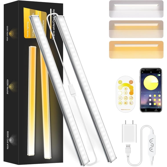 JJEAN-Under Cabinet Lights, Bright Ultra Thin 12 Inch LED Cabinet Lighting Under Cabinet Light for Kitchen, 3 Color with Remote and APP Control, USB LED Lights for Closet, Home(2 Pack)