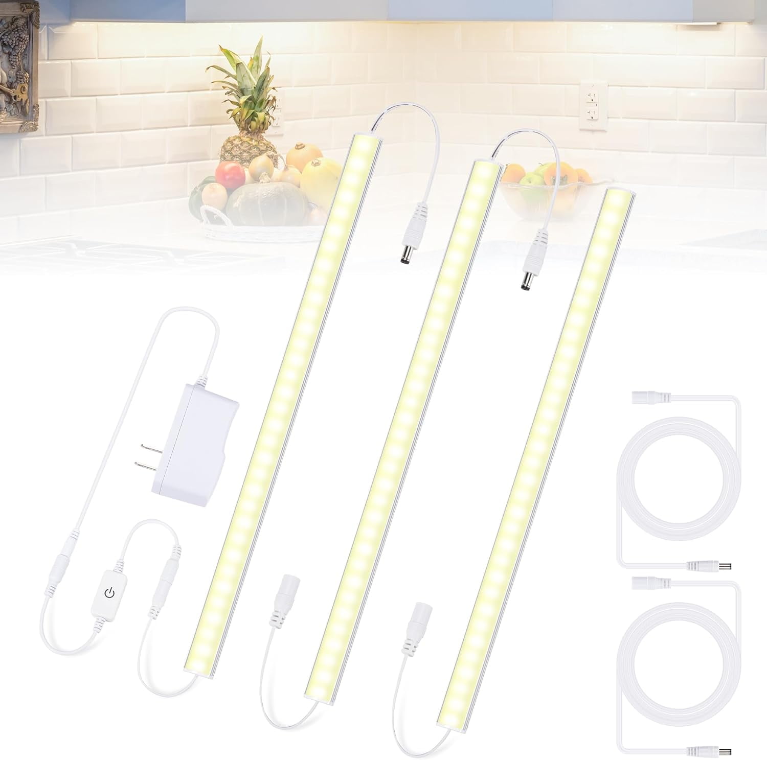JJEAN-Under Cabinet Lights Plug in, 3 Pcs 12 Inch Thin Under Cabinet Lighting, Natural White Under Counter Lights for Kitchen, Dimmable LED Light Bar for Cabinet, Counter, Workbench, Desk