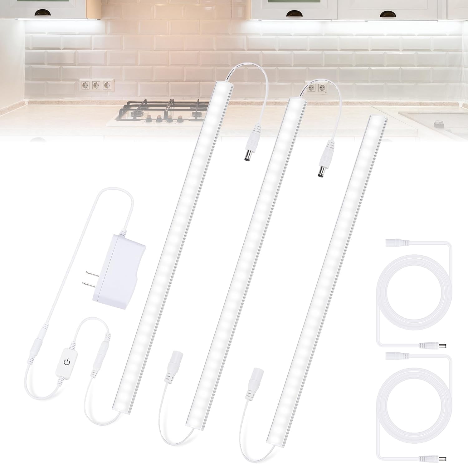 JJEAN-Under Counter Lights for Kitchen, 3 Packs x 12 Inch Dimmable LED Under Cabinet Lighting, Cold White 6000K, Plug-in Under Cabinet Lights with Memory Function