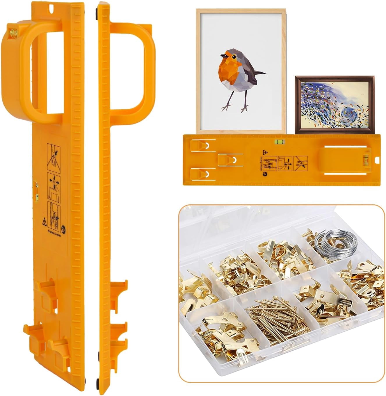 JJEAN-Upgraded Picture Hanging Kit with a Box of Hooks, Heavy Duty Wall Hanger Tool with Bubble Level & Positioning Guide, Frame, Art, Photo Mounting Solution for Drywall, Brick, Wood