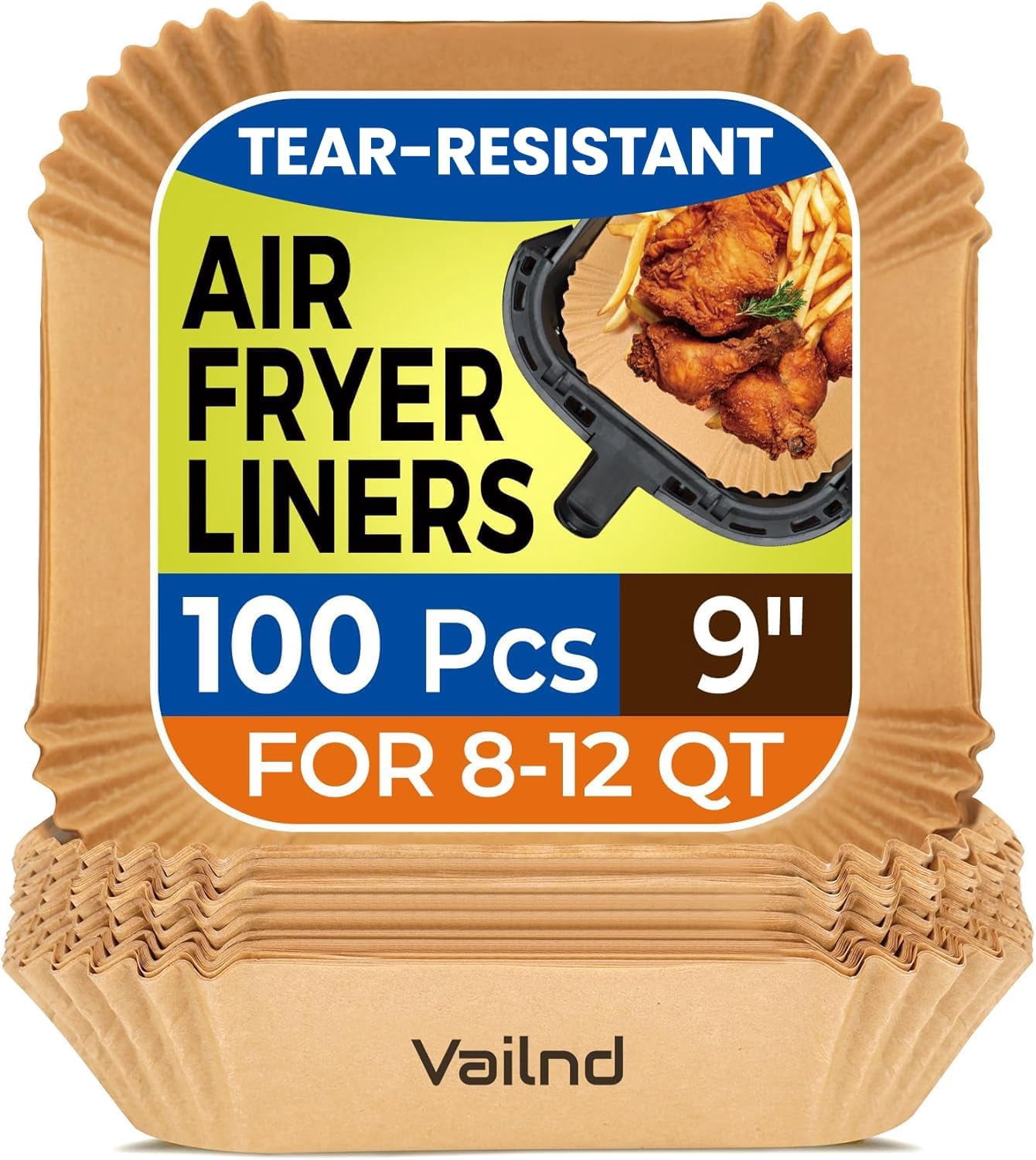 JJEAN-Vailnd Air Fryer Liners Disposable, 100Pcs 9 Inch Max Xl Large Cooker Airfryer Paper Liners, Oil Proof Parchment Sheets Square Basket Baking Liner for 8/10/11/12 QT Air Fryer Microwave