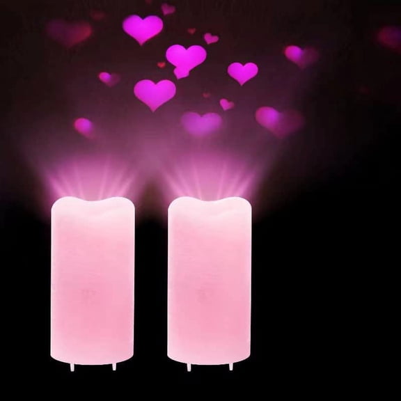 JJEAN-Valentines Day Decorations Flameless Candles with Romantic Pink Heart Projector Lights Battery Operated LED Candle with Remote and Timer,2 Pack