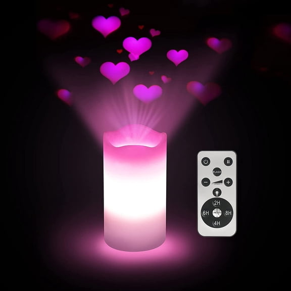 JJEAN-Valentines Day Decorations Flameless Candles with Romantic Pink Heart Projector Lights Battery Operated LED Candle with Remote and Timer