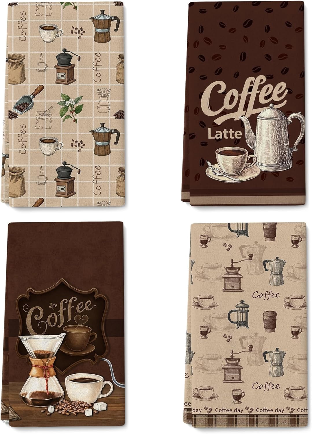 JJEAN-Vintage Coffee Kitchen Towels Decorative Set of 4, Brown Dish Towels Soft Absorbent Cute Tea Towel Hand Towel for Coffee Bar Drying Cleaning Kitchen Decor