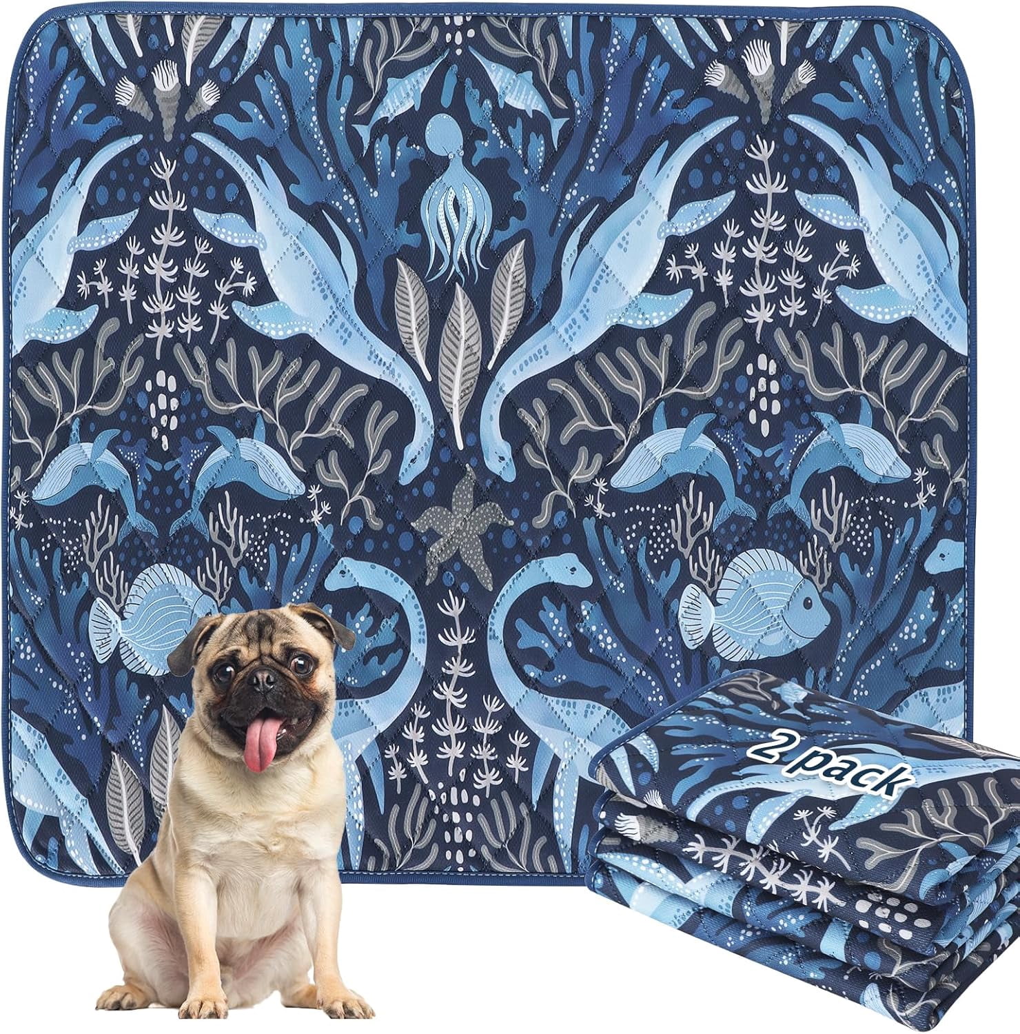 JJEAN-Washable Pee Pads for Dogs, 2 Pack Reusable Leakproof Puppy Wee Wee Pad, Non-Slip Waterproof Pet Training Pads, Super Absorbent Whelping Pads XH081 (Dino Navy, 30X20 Inch (Pack of 2))