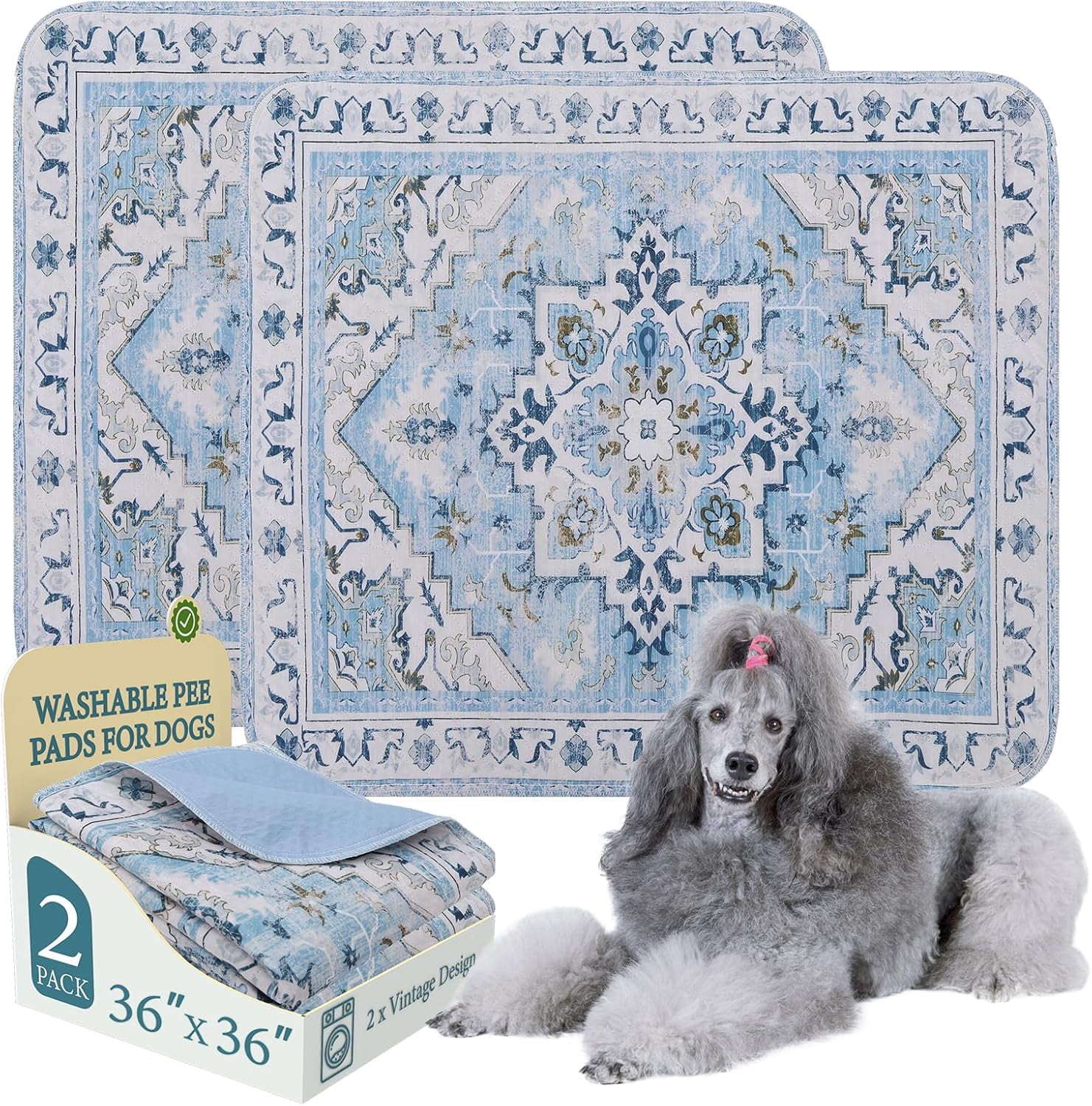 JJEAN-Washable Pee Pads for Dogs,2 Pack Reusable Puppy Pads Waterproof,Absorbent and Leakproof Dog Pee Pads,Non Slip Puppy Training Pads, Pet Mat for Floor, Crate, Couch, Whelping,Blue, 36"x36"