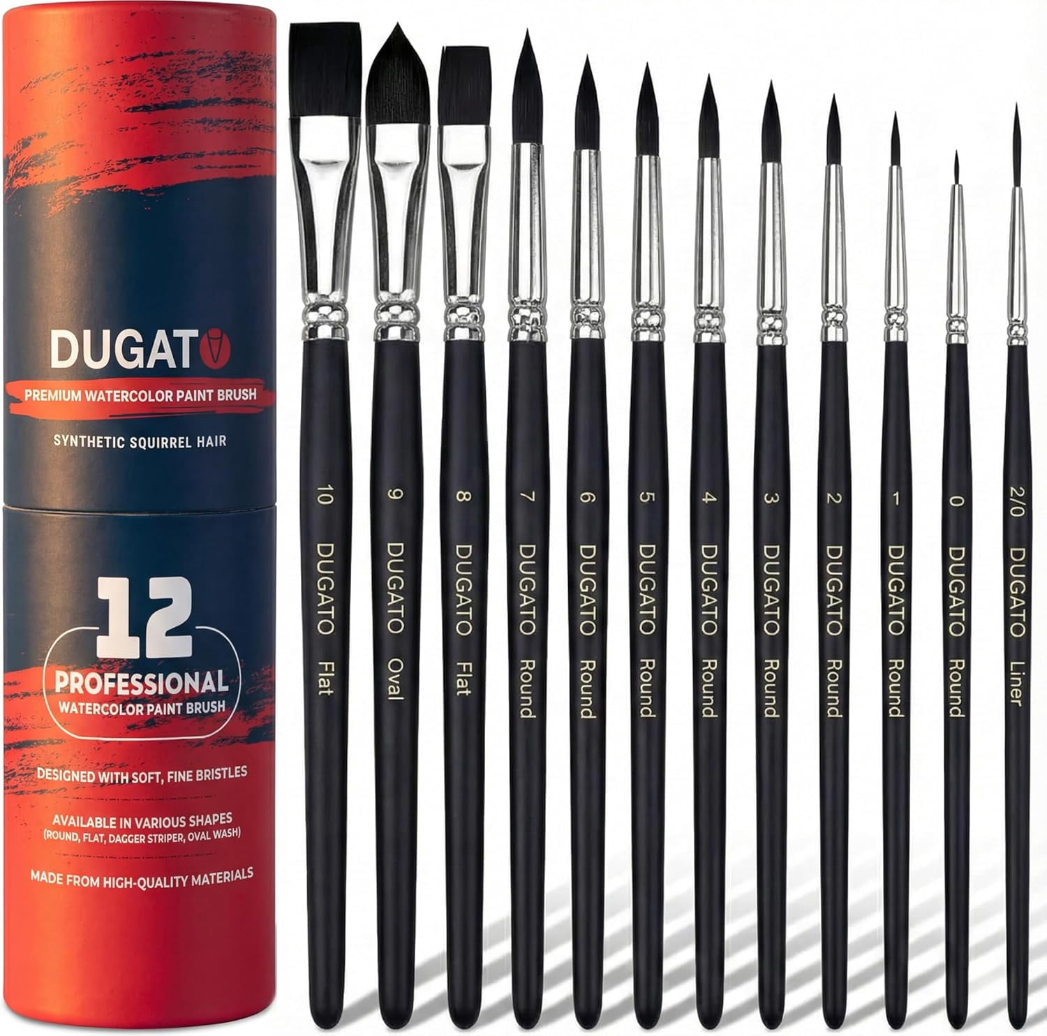 JJEAN-Watercolor Brushes Professional, 12pc Artist Paint Brush Set - Synthetic Bristles (Round, Flat, Liner, Oval) for Watercolor Gouache Inks Painting