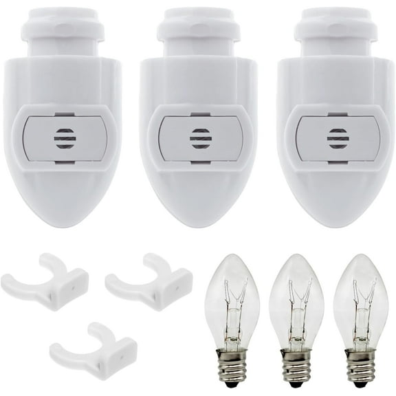 JJEAN-White Auto On Sensor Plug in Night Light Module Includes 3 Bulbs and 3 Plastic Clips, Great for Making Your Own Decorative Night Lights, Pack of 3