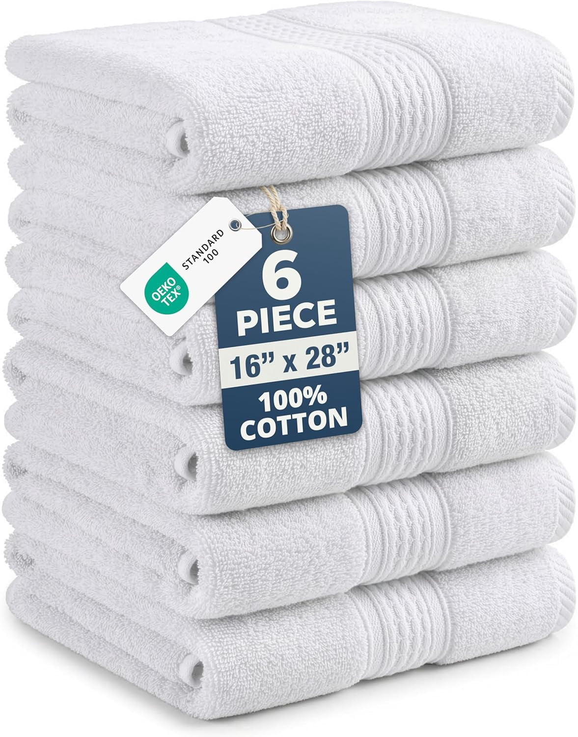 JJEAN-White Hand Towels for Bathroom - Pack of 6 (16"x28") 100% Cotton Hand & Face Towels - Soft, Durable, Quick Dry & Highly Absorbent, Fingertip Towel for Bathroom - Great for Gym, Salon, Spa & Fam