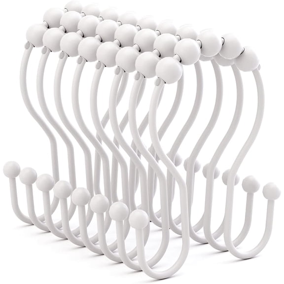 JJEAN-White Shower Curtain Hooks and Rings - Rust Proof, Smooth Glide, Double Hooks, 12 Pcs