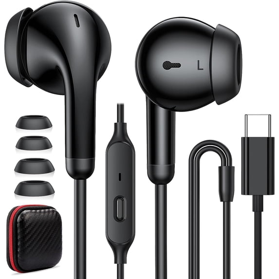 JJEAN-Wired Earbuds USB C Headphone for iPhone 17 Pro Max 16e 16 15 Plus Noise Canceling HiFi Bass Stereo in-Ear Headset Type C Earphone for Samsung A17 S26 S25 S24 FE A36 for iPad A16/Pixel 8a 9 9a