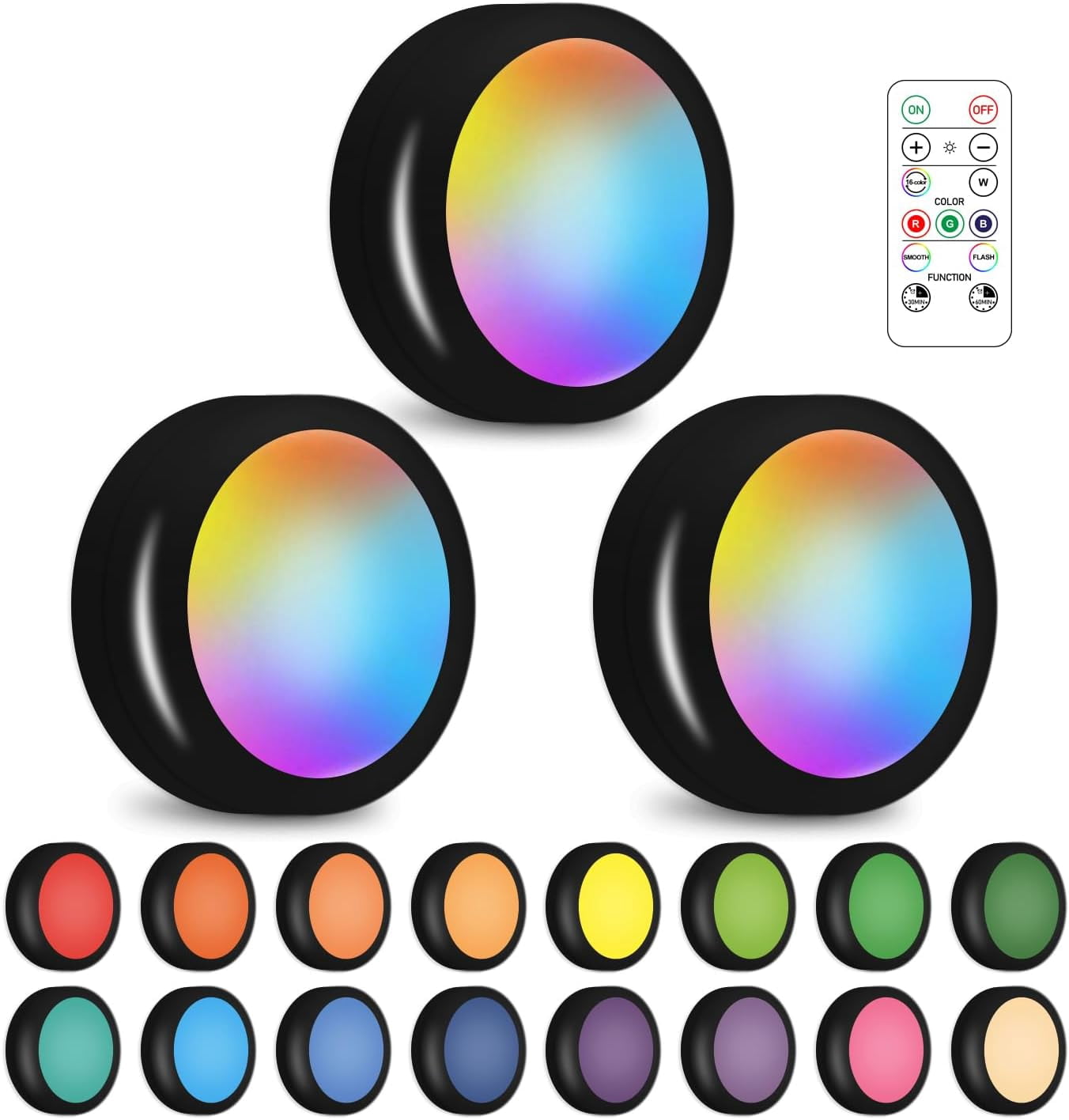 JJEAN-Wireless 16 Color Changing LED Puck Light 3 Pack LED Under Cabinet Lighting Closet Light Battery Powered Night Lights with Remote Control Dimmer & Timing Function