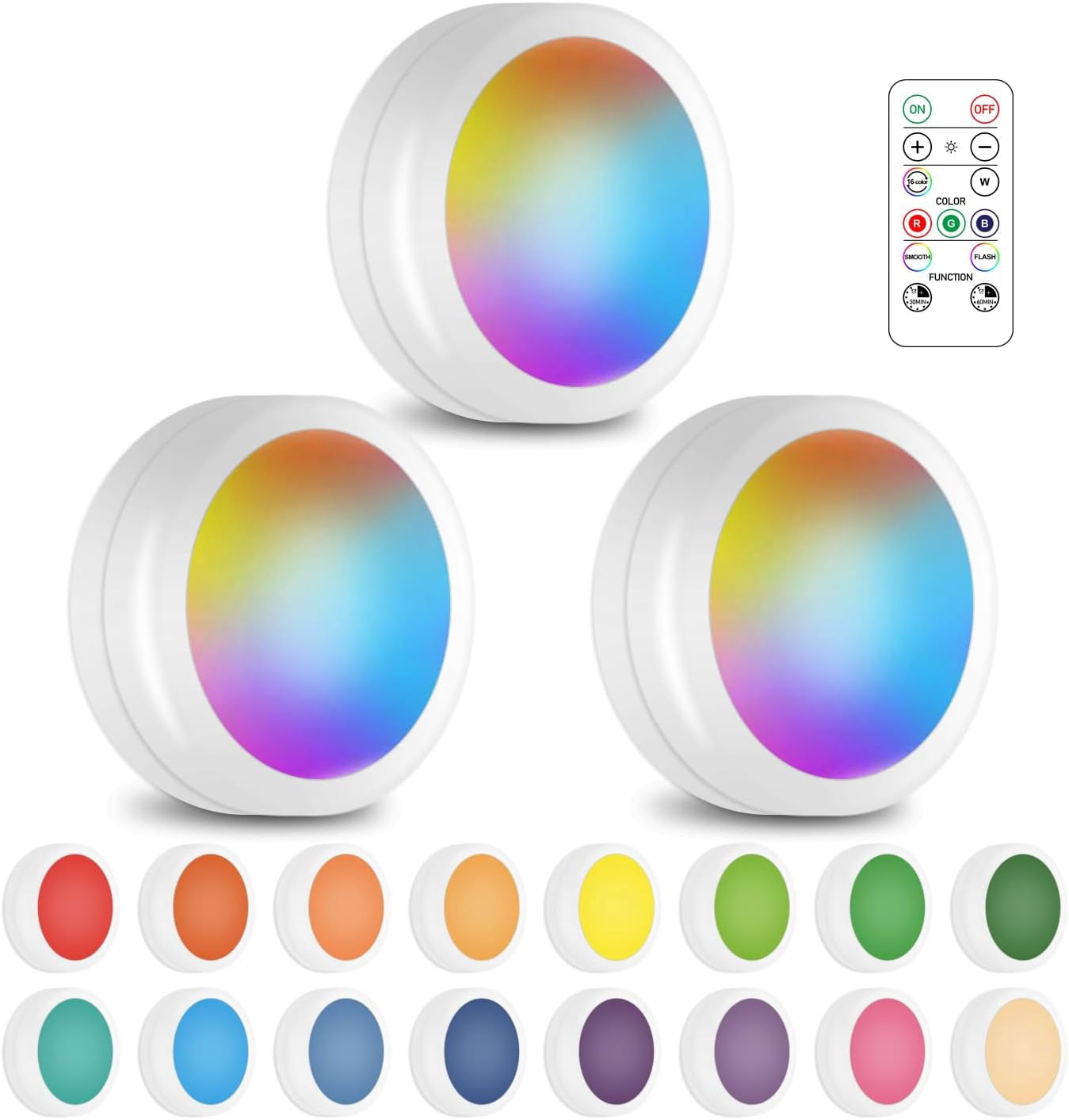 JJEAN-Wireless 16 Color Changing LED Puck Light 3 Pack LED Under Cabinet Lighting Closet Light Battery Powered Night Lights with Remote Control Dimmer & Timing Function