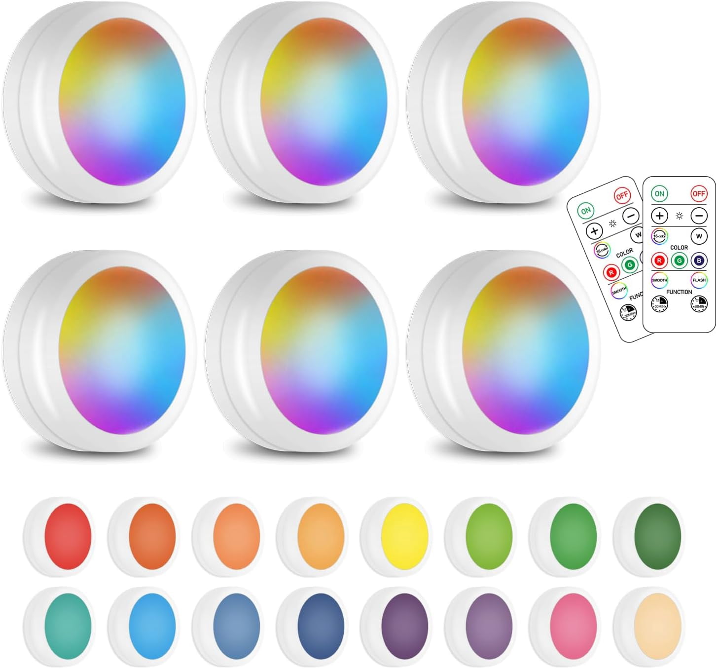 JJEAN-Wireless 16 Color Changing LED Puck Light 6 Pack LED Under Cabinet Lighting Closet Light Battery Powered Night Lights with Remote Control Dimmer & Timing Function