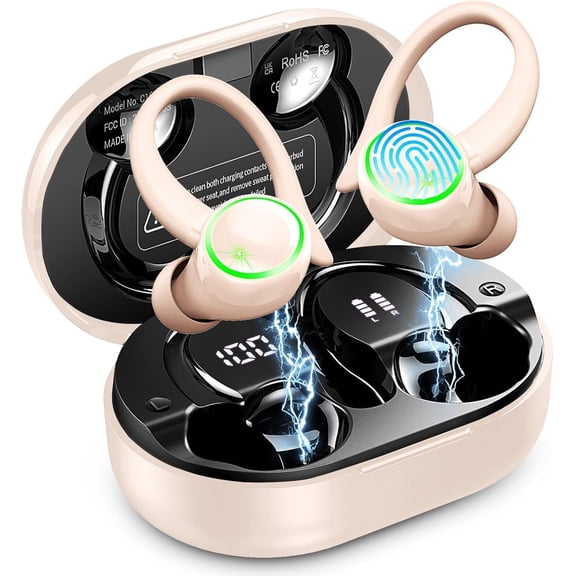 JJEAN-Wireless Earbuds, Bluetooth 5.4 Headphones Sports, 50H Playback Over-Ear Buds with ENC Noise Cancelling Mic, HiFi Stereo Fitness Earphones with Earhooks, IP7 Waterproof Headset