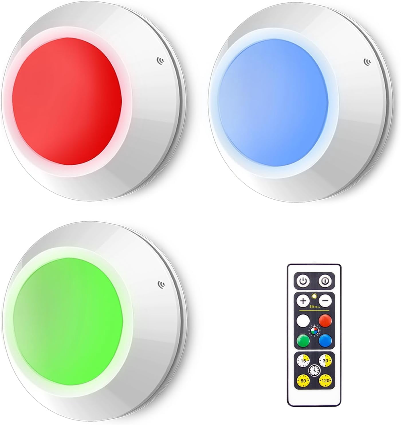 JJEAN-Wireless LED Puck Lights with Remote (3 Pack), Dimmable Stick On Under Cabinet Lighting, Color Changing Push Lights with Timer, Battery Operated Tap Lights for Kitchen, Closet, Shelf & Stairs