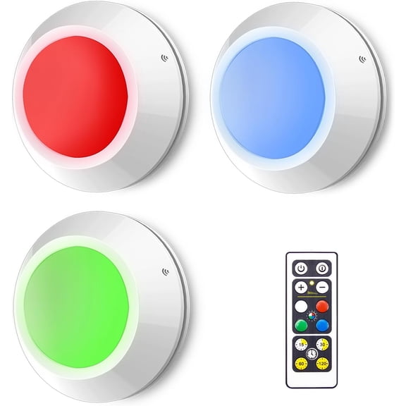 JJEAN-Wireless LED Puck Lights with Remote (3 Pack), Dimmable Stick On Under Cabinet Lighting, Color Changing Push Lights with Timer, Battery Operated Tap Lights for Kitchen, Closet, Shelf & Stairs