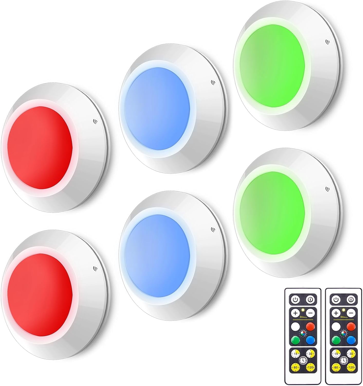 JJEAN-Wireless LED Puck Lights with Remote (6 Pack), Dimmable Stick On Under Cabinet Lighting, Color Changing Push Light with Timer, Battery Operated Tap Lights for Kitchen, Closet, Shelf & Stairs