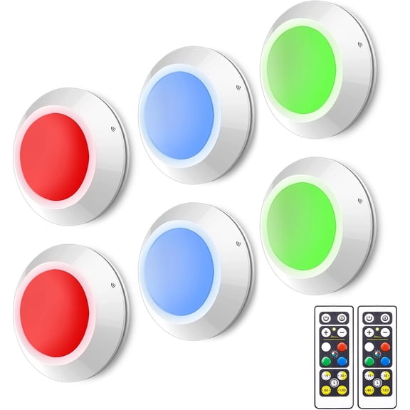 JJEAN-Wireless LED Puck Lights with Remote (6 Pack), Dimmable Stick On Under Cabinet Lighting, Color Changing Push Light with Timer, Battery Operated Tap Lights for Kitchen, Closet, Shelf & Stairs