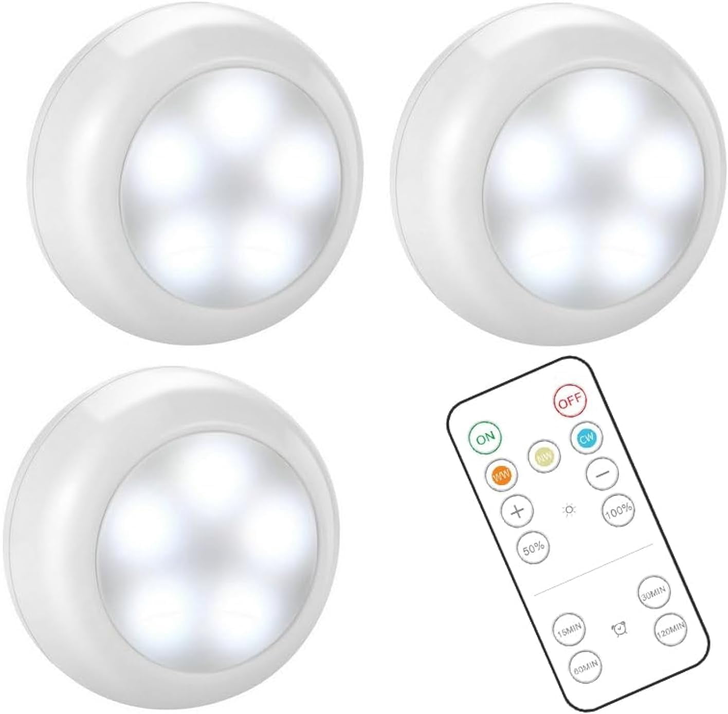 JJEAN-Wireless LED Puck Lights with Remote Control, AA-1030 Battery Operated Lights with 3 AA Batteries, Stick on LED Under Cabinet Lighting with Timer& Dimmable, Cool White and Warm White (3 Pack)
