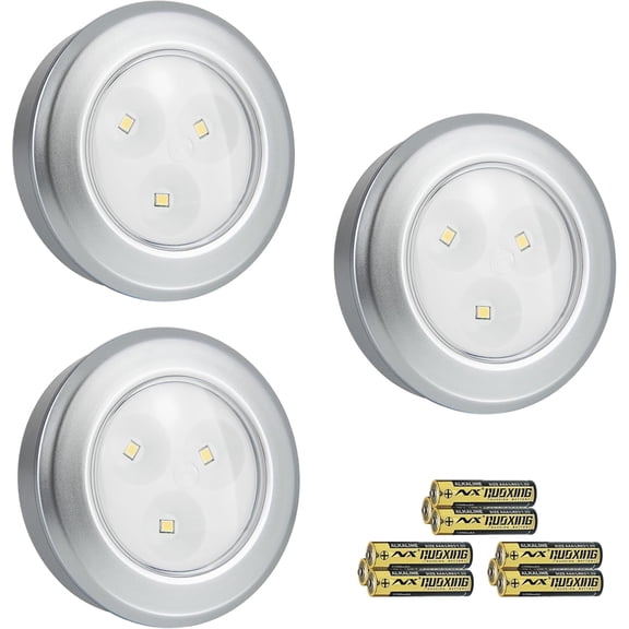 JJEAN-Wireless LED Puck Lights, Touch Activated Tap Ligh Push Light, Battery Operated Stick On Lights for Under Cabinet, Kitchen, Closet & Counters, 3-Pack, Silver (Included 3AAA Batteries)