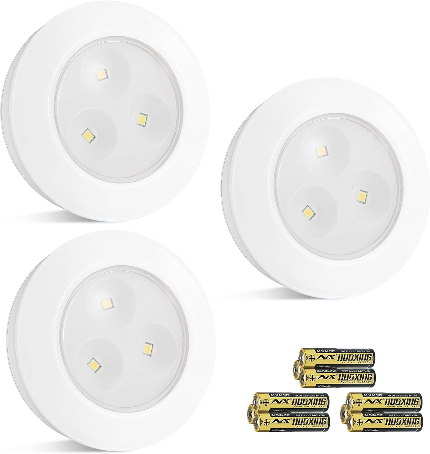 JJEAN-Wireless LED Puck Lights, Touch Activated Tap Ligh Push Light, Battery Operated Stick On Lights for Under Cabinet, Kitchen, Closet & Counters, 3-Pack, White (Included 3AAA Batteries)