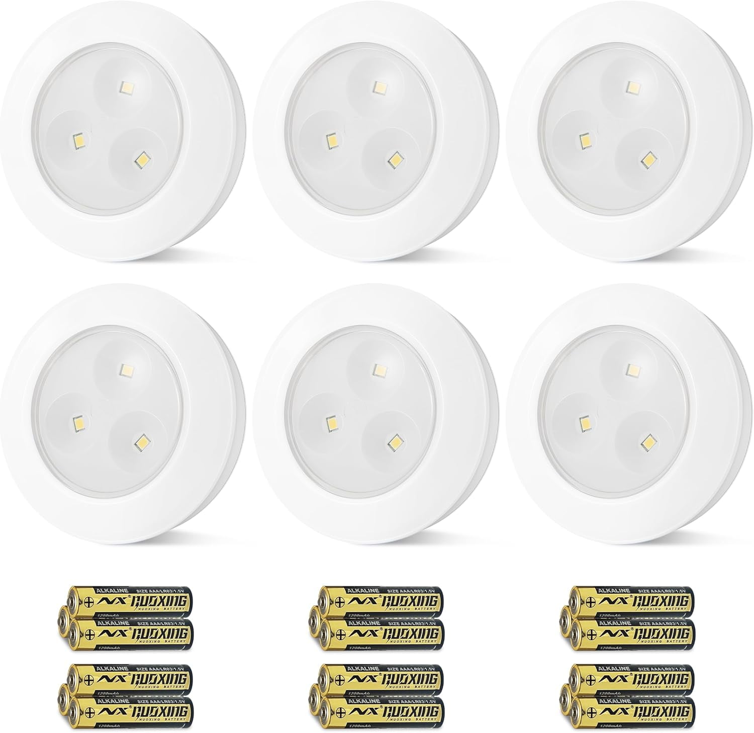 JJEAN-Wireless LED Puck Lights, Touch Activated Tap Ligh Push Light,Battery Operated Stick On Lights for Under Cabinet, Kitchen, Closet & Counters, 6-Pack, White (3 AAA Batteries Included)