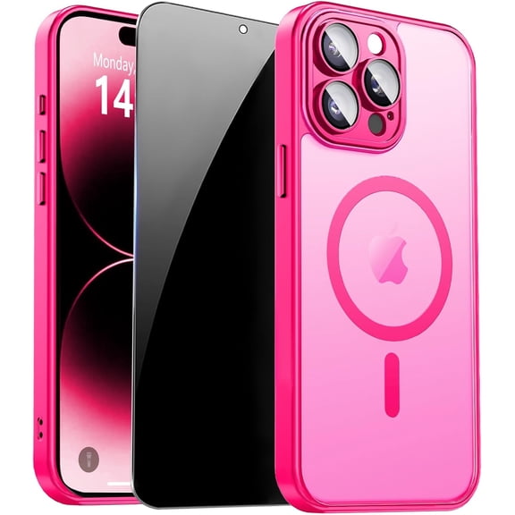 JJEAN-for iPhone 14 Pro Max Case with Privacy Screen Protector and Camera Protection Compatible with MagSafe Magnetic Matte Shockproof Phone Cover for iPhone 14 Pro Max Women/Girls, Hot Pink