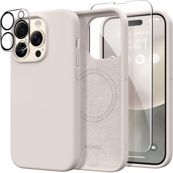 JJEAN-for iPhone 14 Pro Max Case Silicone, Compatible with MagSafe, with Screen Protector + Camera Lens Protector, Liquid Silicone Shockproof Protective Phone 14 ProMax Case 6.7", Stone