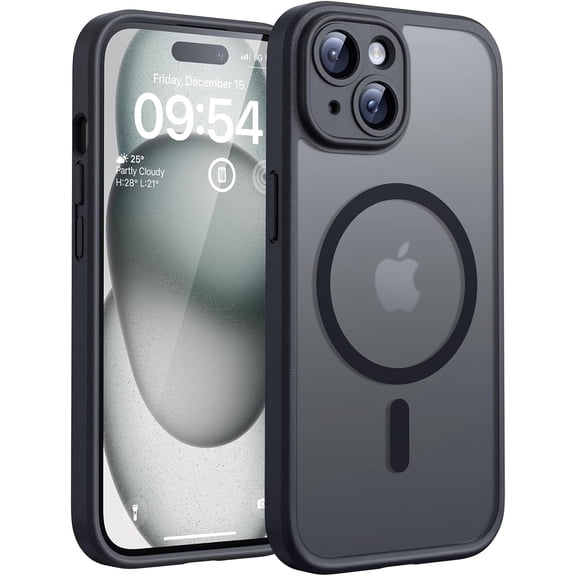 JJEAN-for iPhone 15 Plus Case, Compatible with Magsafe, Full Camera Protection, Built-in Magnetic Ring, Drop Protection, Translucent Matte Phone Case for iPhone 15 Plus 6.7 inch (Black)