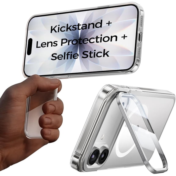 JJEAN-for iPhone 17 Magnetic Case with Foldable Stand, Full Camera Protection, Handheld Selfie, Never Yellowing, Camera Control Button, Speaker dust-Proof, Drop Protection, Clear