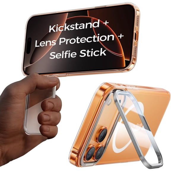 JJEAN-for iPhone 17 Pro Magnetic Case with Foldable Stand, Full Camera Protection, Handheld Selfie, Never Yellowing, Camera Control Button, Speaker dust-Proof, Drop Protection, Clear