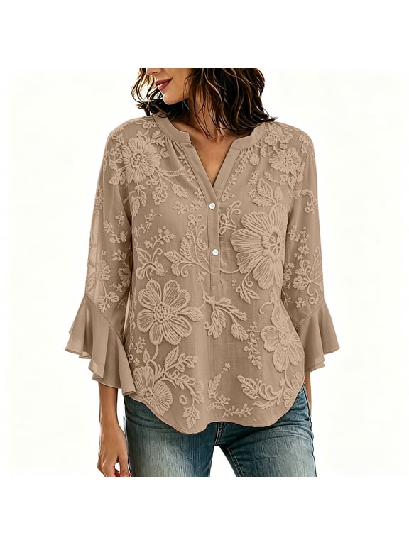 3/4 Bell Sleeve Embroidered Tops Vintage Embroidered Shirts Vacation Tops Embroidered Tops Split V Neck Curved Gauze Shirts Flared Bell Sleeves Flowy Shirts Tops For Women A1-Khaki 4Xl