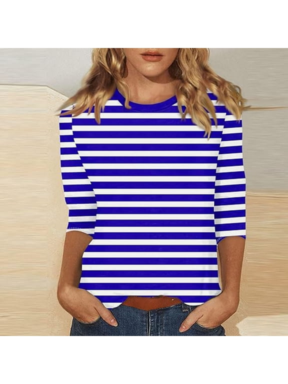 3/4 Length Sleeve Womens Tops Soft Elbow Sleeve Striped Shirt Tunic Tops Three Quarter Length Henley Neck Henley Tops Oversized Tops Women's Tops A3-dark Blue Polyester,spandex