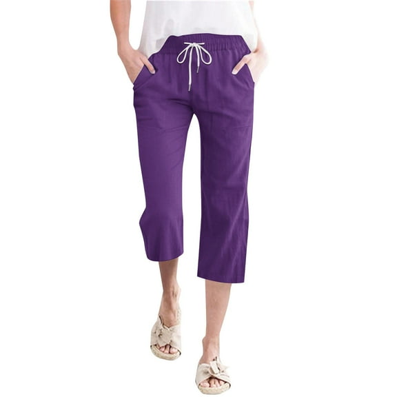 JJHGVB Capri Pants for Women Petite Capris for Women Petite Length Plus Size Pants Women High Waisted Pants Comfy Straight Leg Pants With Pockets Drawstring Pants Women Athletic Capris Purple S