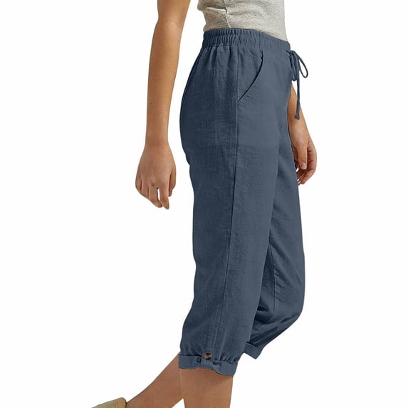 JJHGVB Capris Pants for Women Yoga Crop Trouser Lounge Trouser Crop Pants for Women Straight Wide Leg Linen Pants Women Capri Sweatpants Cotton Linen Casual Resort Wear for Women 2026 Dark Blue XL