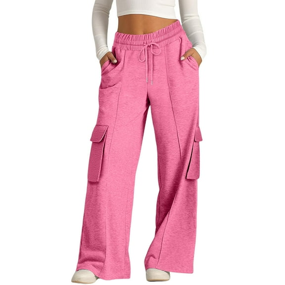 JJHGVB Cargo Pants Women High Waisted Pants Women's Fashion Solid Color Waist Wide Leg Casual Pants With Drawstring Pocket Pants Wide Leg Pants Woman Jumpsuits for Women Pink M
