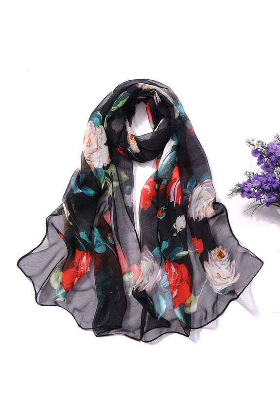 Chiffon Floral Scarf Silk Scarf for Women Neck Oblong Headscarves Long Floral Print Lightweight Silk Wraps Shawls Scarf for Women Black One Size