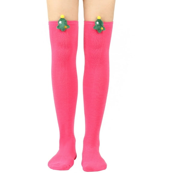 JJHGVB Christmas Stockings Thigh High Stockings Ladies Solid Color Cartoon Christmas Decorated Knee Socks For Christmas Party Sweet Cute Stockings Winter Socks Hot Pink A