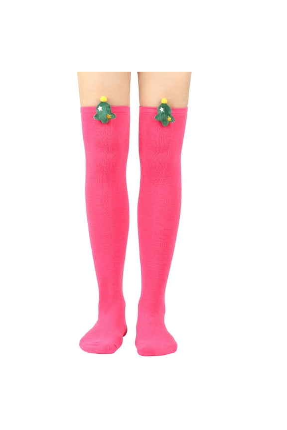 Christmas Stockings Thigh High Stockings Ladies Solid Color Cartoon Christmas Decorated Knee Socks For Christmas Party Sweet Cute Stockings Winter Socks Hot Pink A