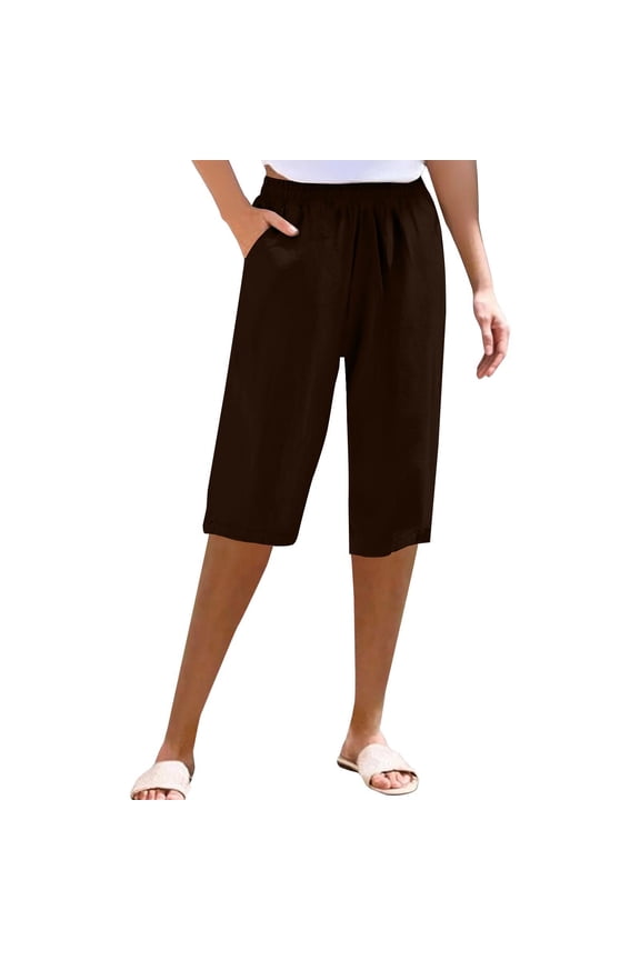 Cotton Linen Capris for Women Beach Cropped Trousers Below the Knee Pedal Pushers for Womens Long Shorts Women Linen Shorts Beach Resort Pants High Waisted Pleated Baggy Shorts Women Black L