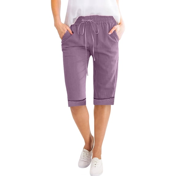 JJHGVB Cotton Linen Capris for Women Cotton Linen Pants Long Shorts Dress Shorts for Women Beach Cropped Trousers Below the Knee Pedal Pushers for Women Wide Leg Capri Bermuda Shorts Purple 2XL