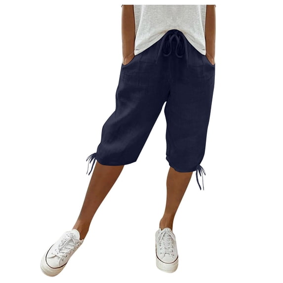 JJHGVB Cotton Linen Capris for Women Below the Knee Womens Linen Shorts Pedal Pushers for Long Shorts Beach Resort Pants Baggy Shorts Women Wide Leg Capri Bermuda Shorts Workout Shorts Navy 3XL