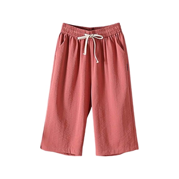 JJHGVB Cotton Linen Capris for Women Women Linen Shorts Cotton Linen Pants Beach Boho Pants Womens Linen Shorts Below the Knee Wide Leg Capri Womens Long Shorts Resort Wear for Women 2026 Red 1 M