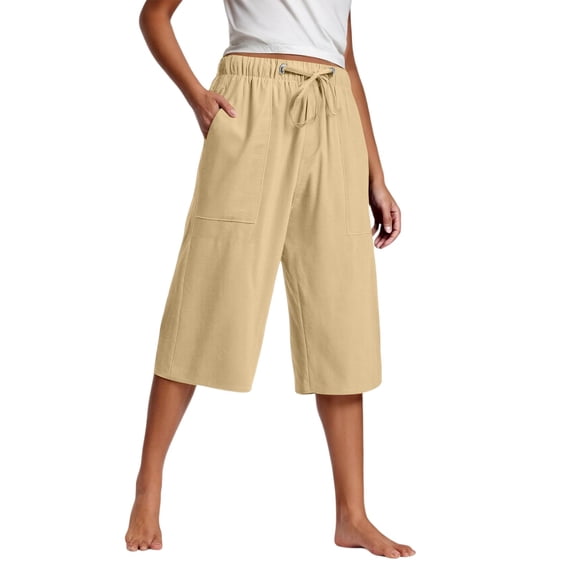 JJHGVB Cotton Linen Capris for Women Workout Shorts Long Shorts Cotton Linen Pants Wide Leg Capri Pedal Pushers for Women Linen Bermuda Shorts for Women Elastic Waist Shorts Below the Knee Beige L